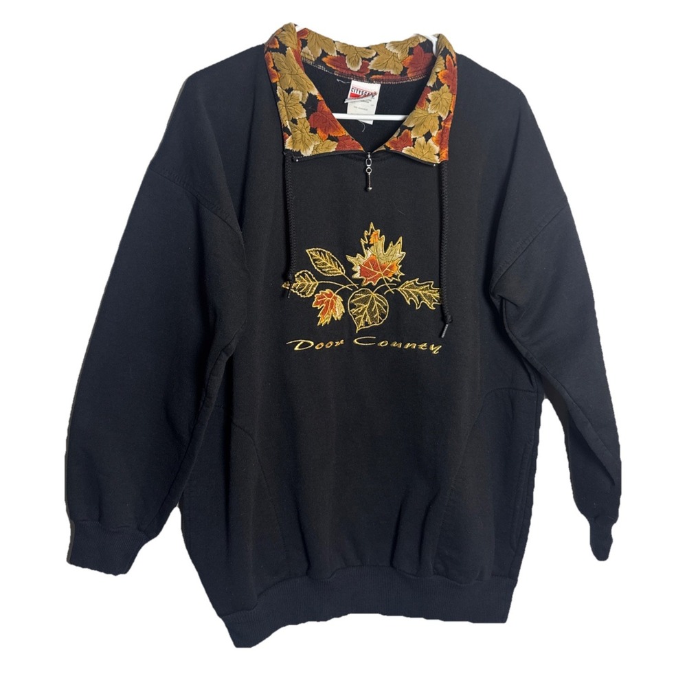 Vintage Door County‎ Wisconsin Sweatshirt L Fall Leaves Embroidered Zip
